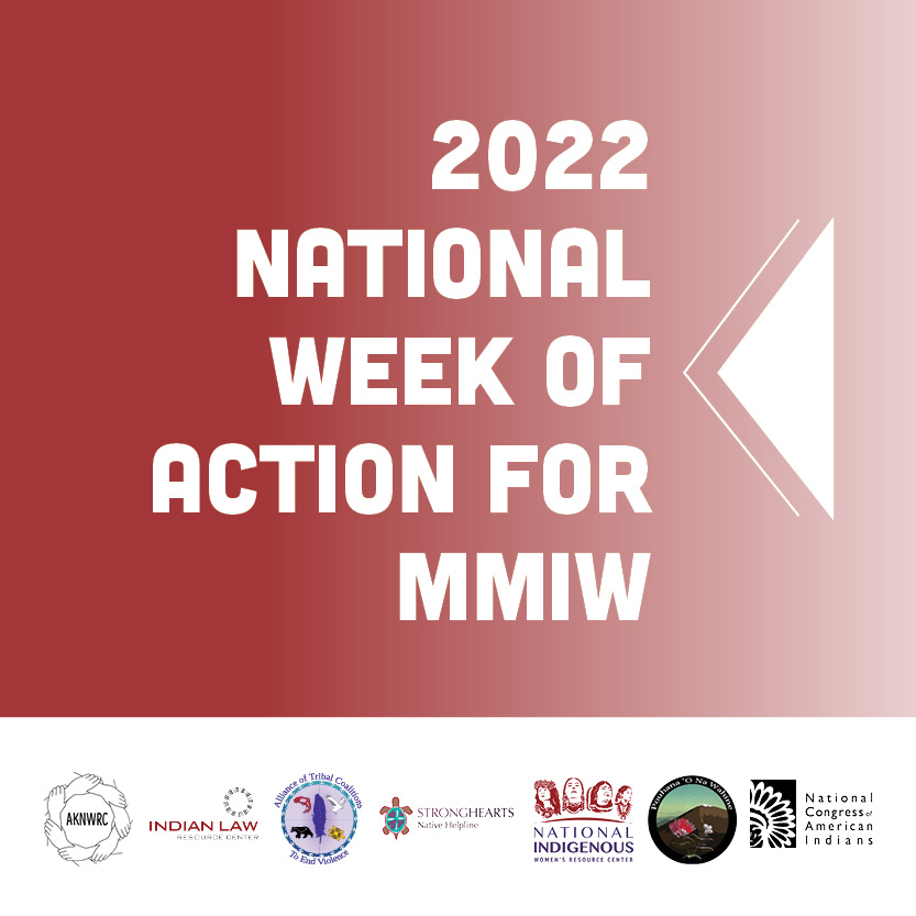 Red faded background with white text 2022 National Week of Action for MMIW and partner logos in bottom footer.