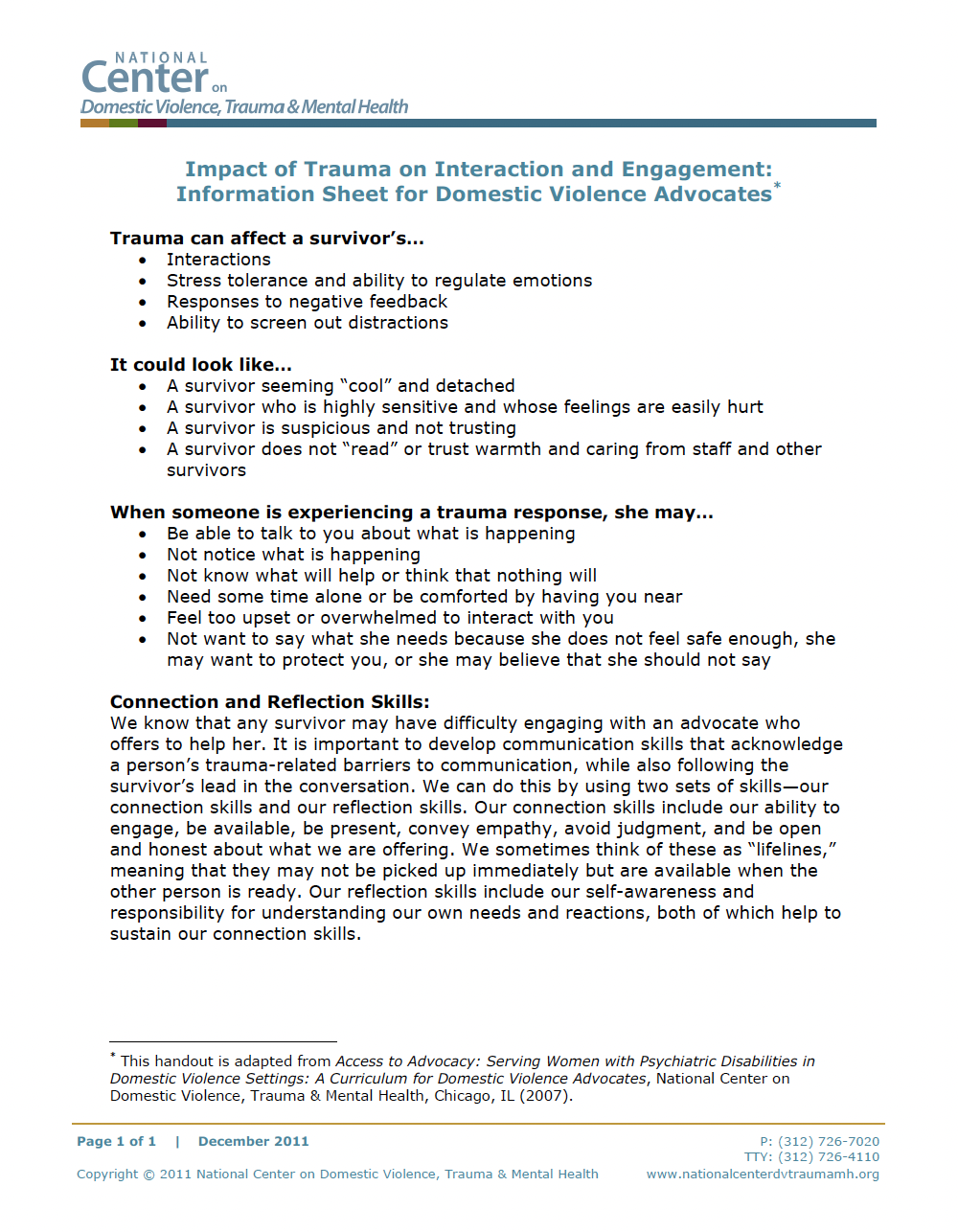 The document is an information sheet for domestic violence advocates about the impact of trauma on survivor's interactions and engagement.