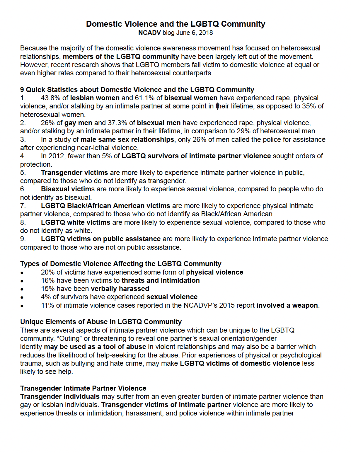 The document is about domestic violence and its impact on the LGBTQ community, highlighting statistics and unique elements of abuse.