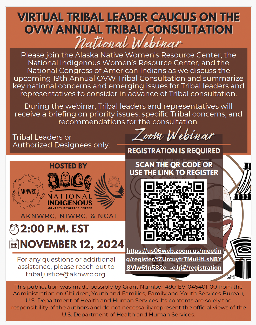 Promotional flyer for the Annual National Webinar on Tribal Consultation hosted by the National Indigenous Women's Resource Center. The event is scheduled for November 12, 2024, at 2:00 PM EST and requires registration via the provided Zoom link. The flyer includes date, time, and registration information alongside graphic elements featuring feathers and a striped border.