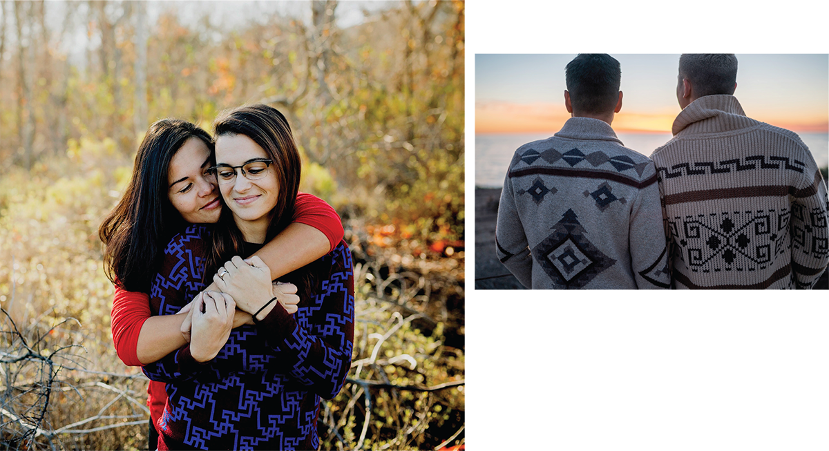 "Left photo: A couple in wooded natured, one hugging the other from behind. Right photo: A couple beside one another looking at a sunset."