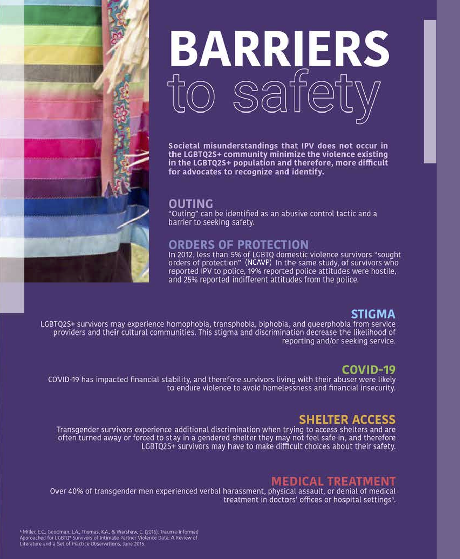 A poster titled "Barriers to Safety", discussing issues such as stigma, discrimination, and lack of protection that impact the LGBTQ2S+ community. It includes statistical data and text about various barriers including those related to healthcare, financial insecurity, and shelter accessibility. The background features an abstract design with vibrant colors.