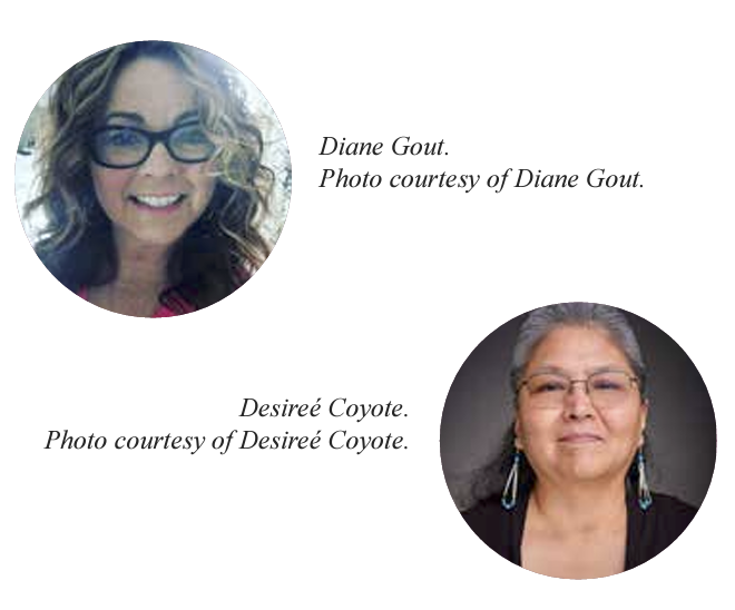 Image featuring two portraits. On the left is Diane Gout, smiling and wearing glasses. On the right is Desirée Coyote, also wearing glasses. Text beneath each portrait credits the photo to the respective individual.