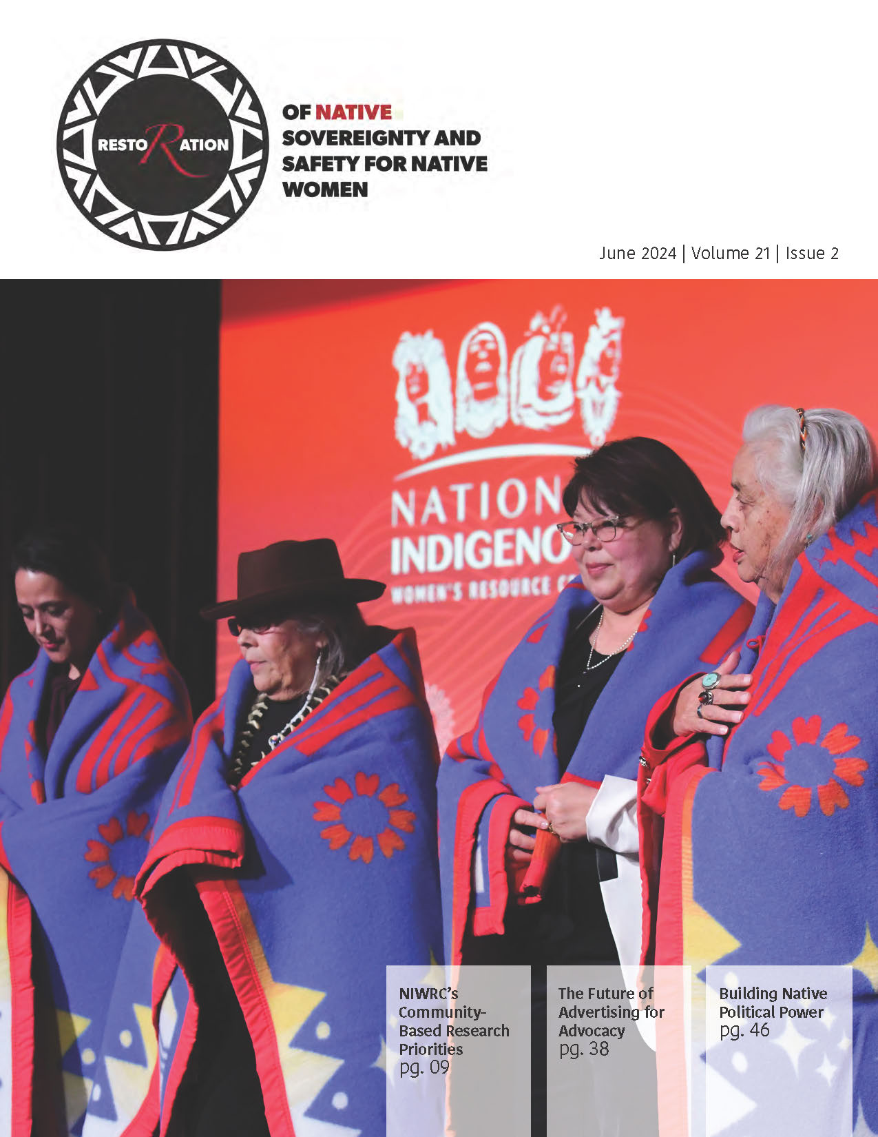 June 2024 cover: Four Indigenous women draped with gift blankets on stage.