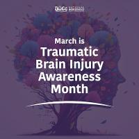 Silhouette of woman's head, and figurative tree growing with white text overlay, "Traumatic Brain Injury Awareness Month"