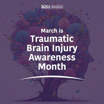 Silhouette of woman's head, and figurative tree growing with white text overlay, "Traumatic Brain Injury Awareness Month"